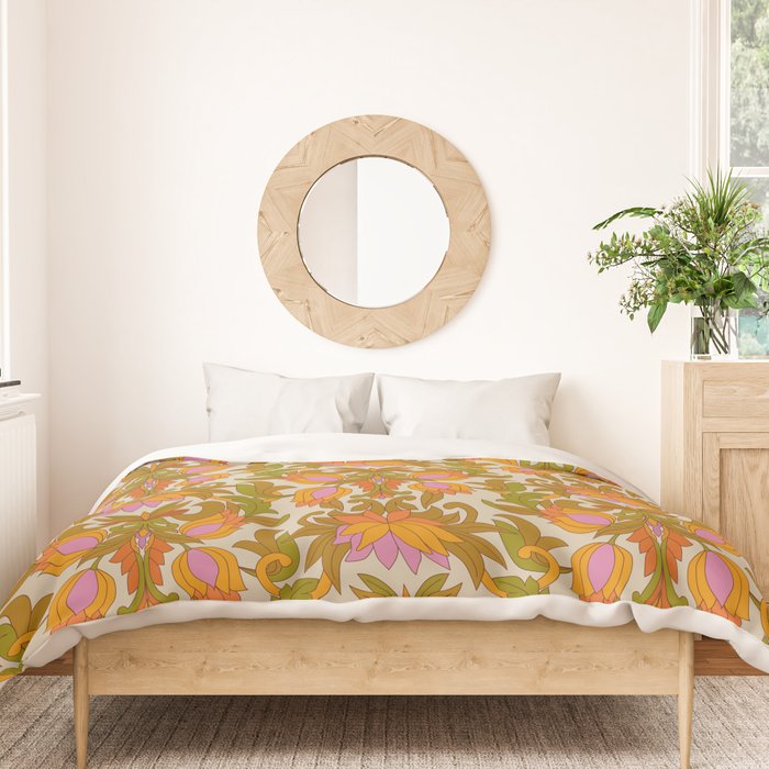 Orange, Pink Flowers and Green Leaves 1960s Retro Vintage Pattern Duvet Cover Gallery Image 3