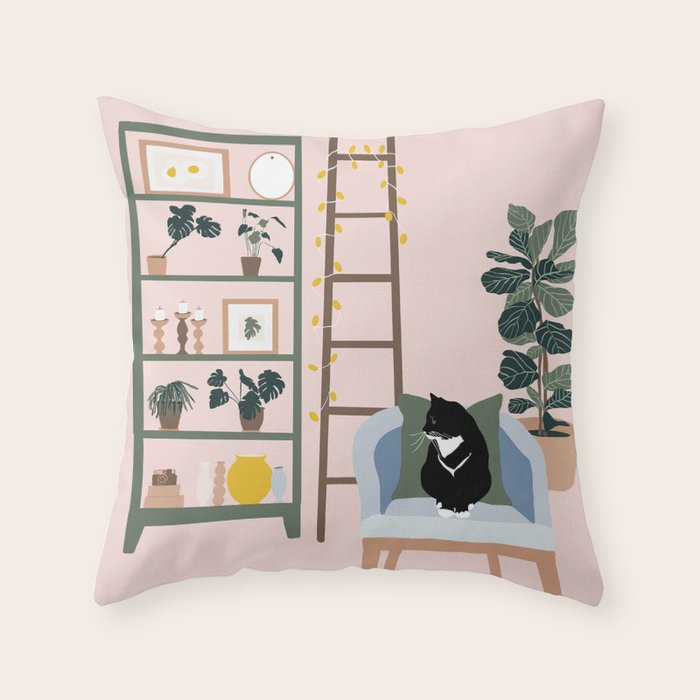cat chilling out in the living room Throw Pillow Gallery Image 6