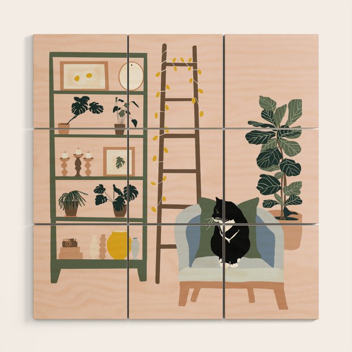 cat chilling out in the living room Wood Wall Art