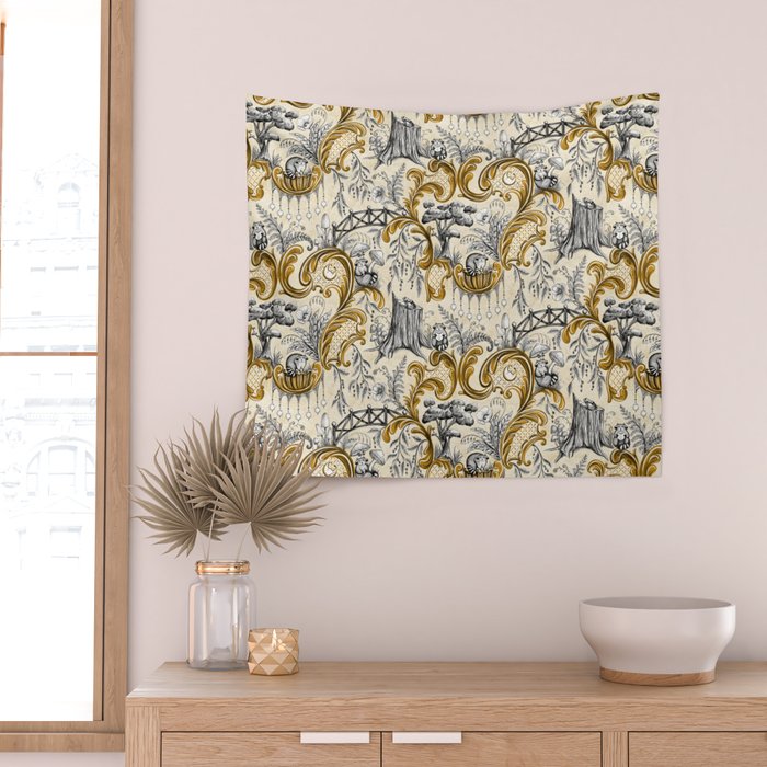 Rococo Raccoons - gold Wall Tapestry Gallery Image 2