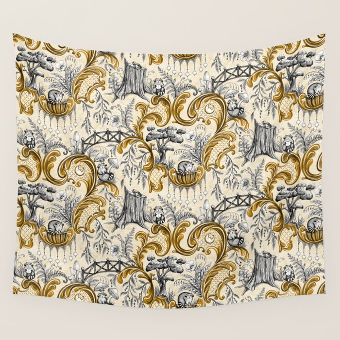 Rococo Raccoons - gold Wall Tapestry Gallery Image 4