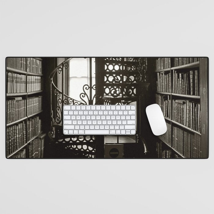 Trinity College, Dublin, Ireland, iron spiral stairs in Library College Long Room black and white photograph Desk Mat Gallery Image 1