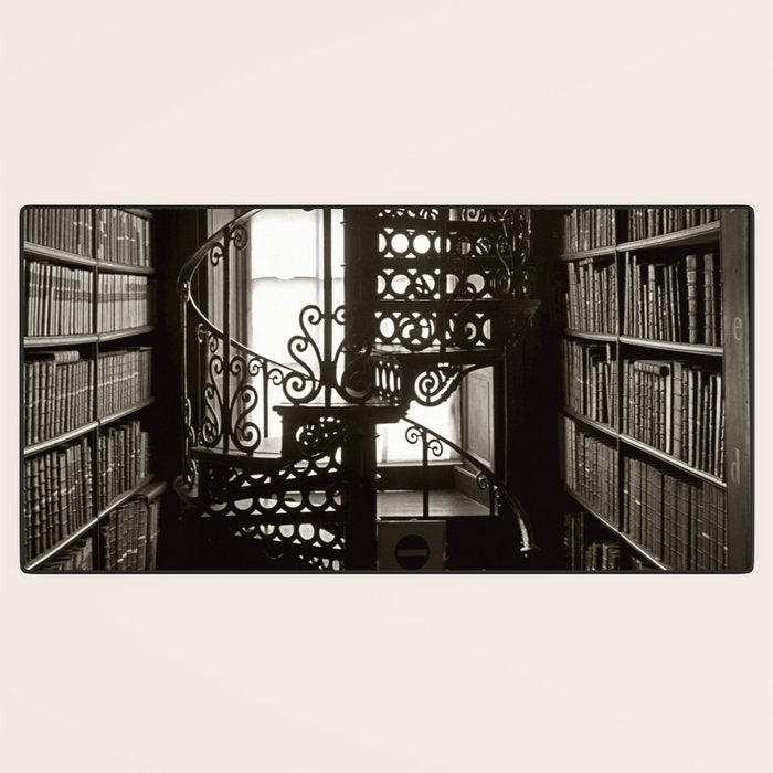 Trinity College, Dublin, Ireland, iron spiral stairs in Library College Long Room black and white photograph Desk Mat Gallery Image 3