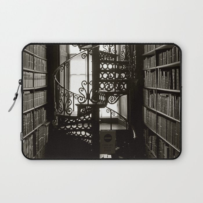 Trinity College, Dublin, Ireland, iron spiral stairs in Library College Long Room black and white photograph Laptop Sleeve Gallery Image 1