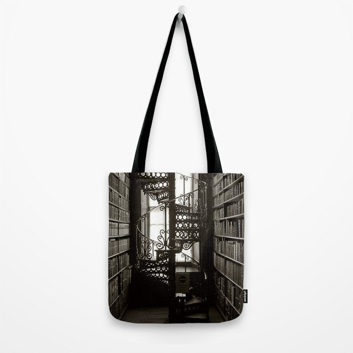 Trinity College, Dublin, Ireland, iron spiral stairs in Library College Long Room black and white photograph Tote Bag Gallery Image 2