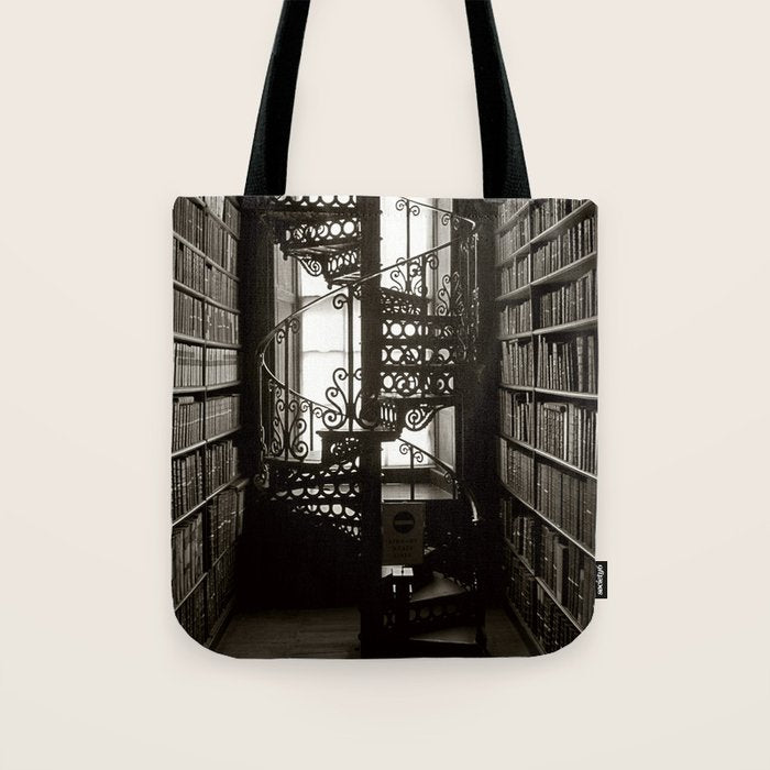 Trinity College, Dublin, Ireland, iron spiral stairs in Library College Long Room black and white photograph Tote Bag Gallery Image 1