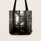 Trinity College, Dublin, Ireland, iron spiral stairs in Library College Long Room black and white photograph Tote Bag Gallery Image 1