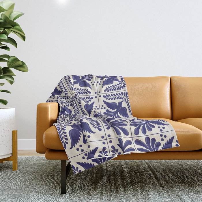 Mexican Talavera With Blue Birds Pattern by Akbaly Throw Blanket Gallery Image 1