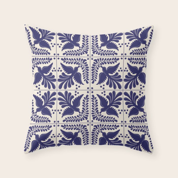 Mexican Talavera With Blue Birds Pattern by Akbaly Throw Pillow Gallery Image 1