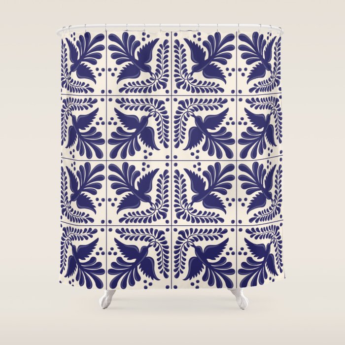 Mexican Talavera With Blue Birds Pattern by Akbaly Shower Curtain Gallery Image 1