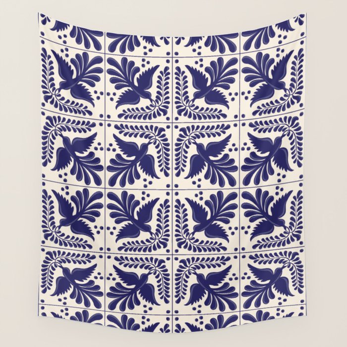 Mexican Talavera With Blue Birds Pattern by Akbaly Wall Tapestry Gallery Image 4