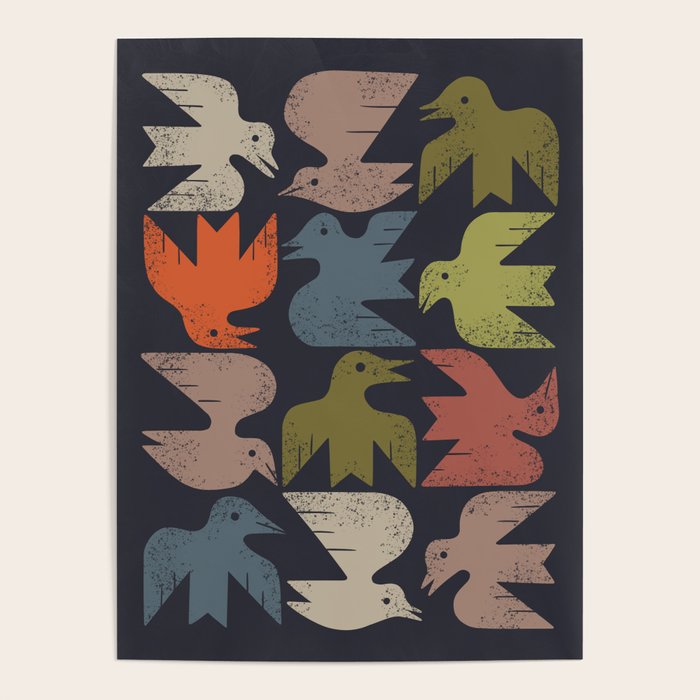 Midcentury Bird Grid (Charcoal) Poster Gallery Image 1