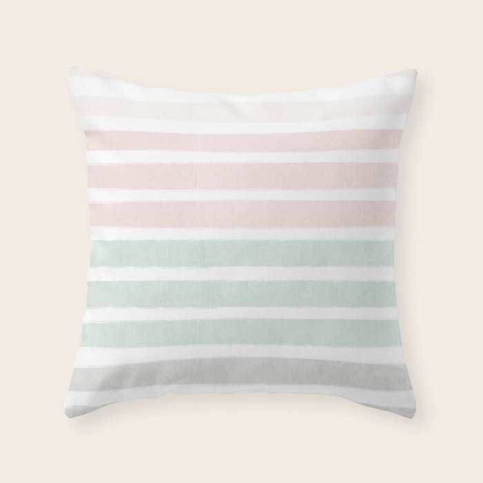 Gender neutral stripes mint pastel pink grey striped pattern nursery art Throw Pillow Gallery Image 1