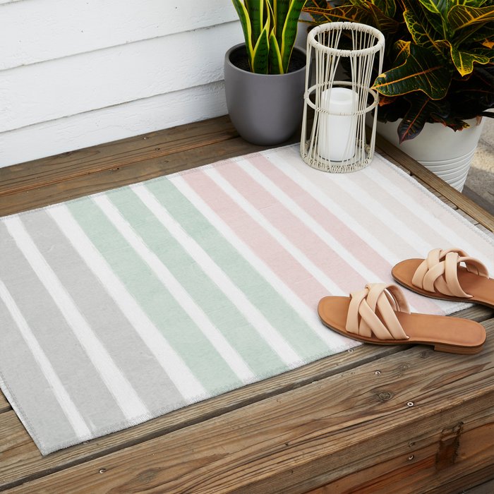 Gender neutral stripes mint pastel pink grey striped pattern nursery art Outdoor Rug Gallery Image 2
