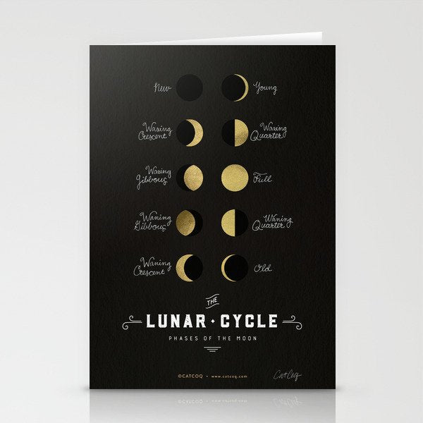 The Lunar Cycle â¢ Phases of the Moon - Black & Gold Palette Stationery Card Gallery Image 1