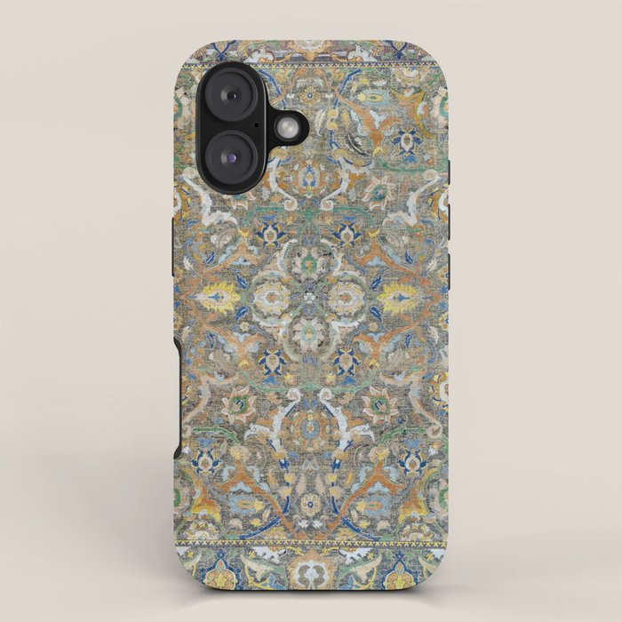 Antique 17th Century Safavid Polonaise Golden Blue Persian Carpet iPhone Case Gallery Image 1