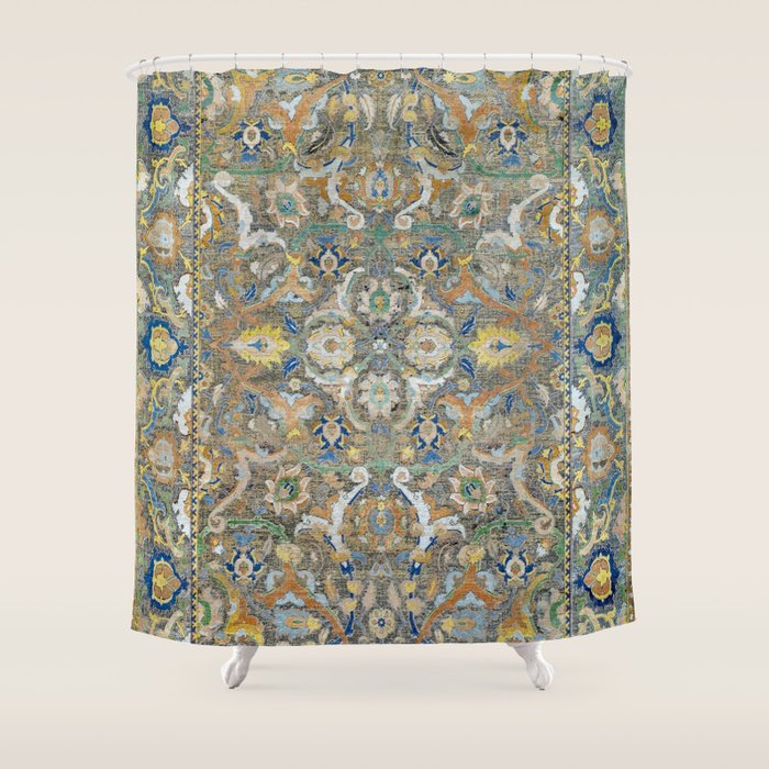 Antique 17th Century Safavid Polonaise Golden Blue Persian Carpet Shower Curtain Gallery Image 1