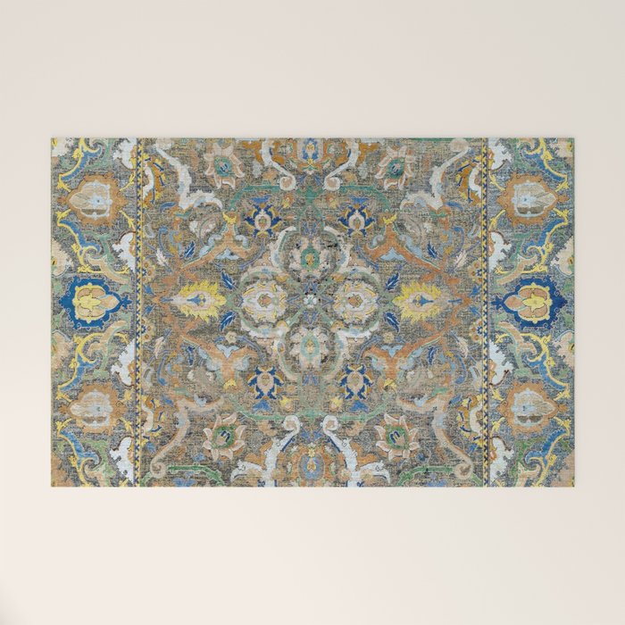 Antique 17th Century Safavid Polonaise Golden Blue Persian Carpet Welcome Mat Gallery Image 1