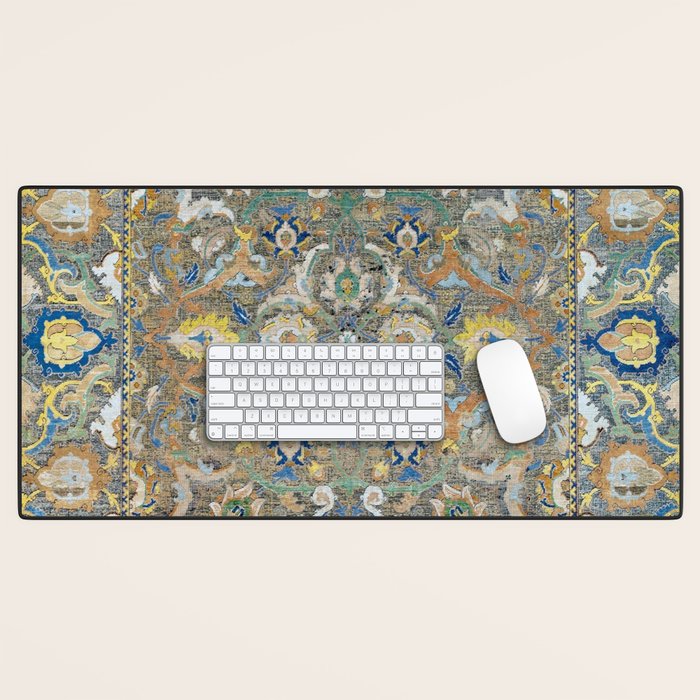 Antique 17th Century Safavid Polonaise Golden Blue Persian Carpet Desk Mat Gallery Image 1