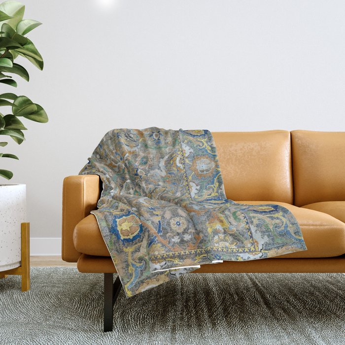 Antique 17th Century Safavid Polonaise Golden Blue Persian Carpet Throw Blanket Gallery Image 1
