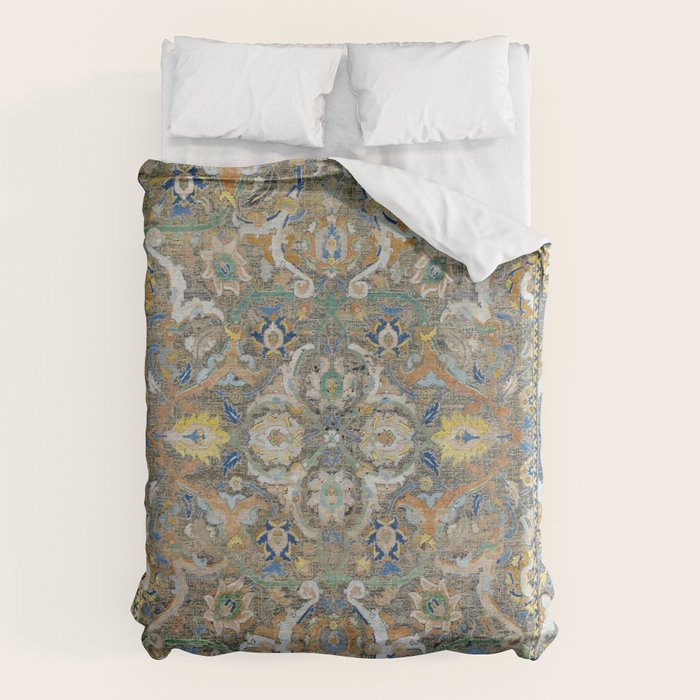 Antique 17th Century Safavid Polonaise Golden Blue Persian Carpet Duvet Cover Gallery Image 1