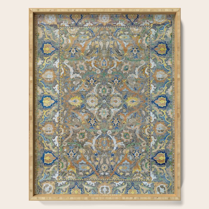 Antique 17th Century Safavid Polonaise Golden Blue Persian Carpet Serving Tray Gallery Image 1