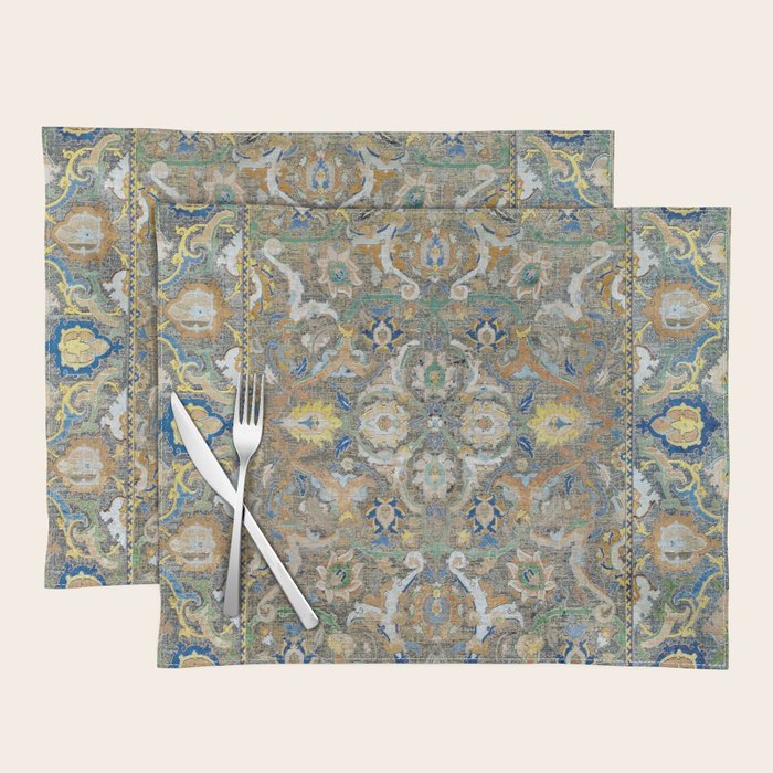 Antique 17th Century Safavid Polonaise Golden Blue Persian Carpet Placemat Gallery Image 1