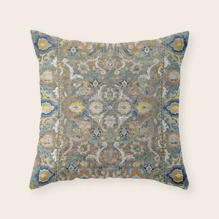 Antique 17th Century Safavid Polonaise Golden Blue Persian Carpet Throw Pillow Gallery Image 6
