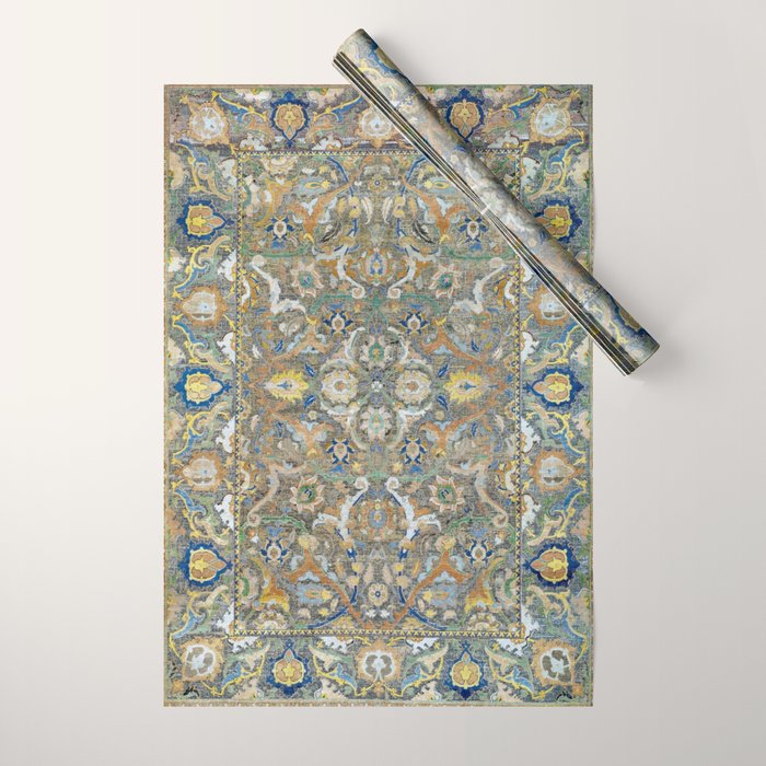 Antique 17th Century Safavid Polonaise Golden Blue Persian Carpet Wrapping Paper Gallery Image 1