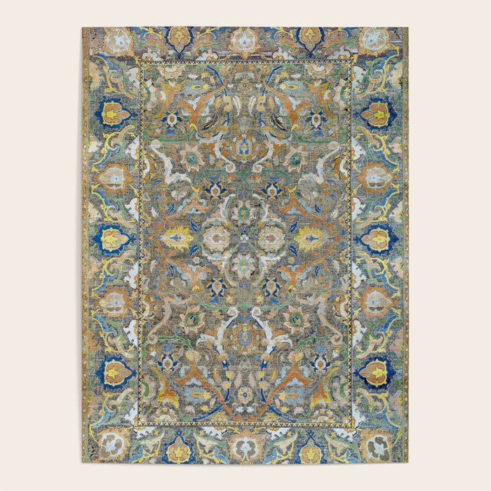 Antique 17th Century Safavid Polonaise Golden Blue Persian Carpet Poster Gallery Image 4