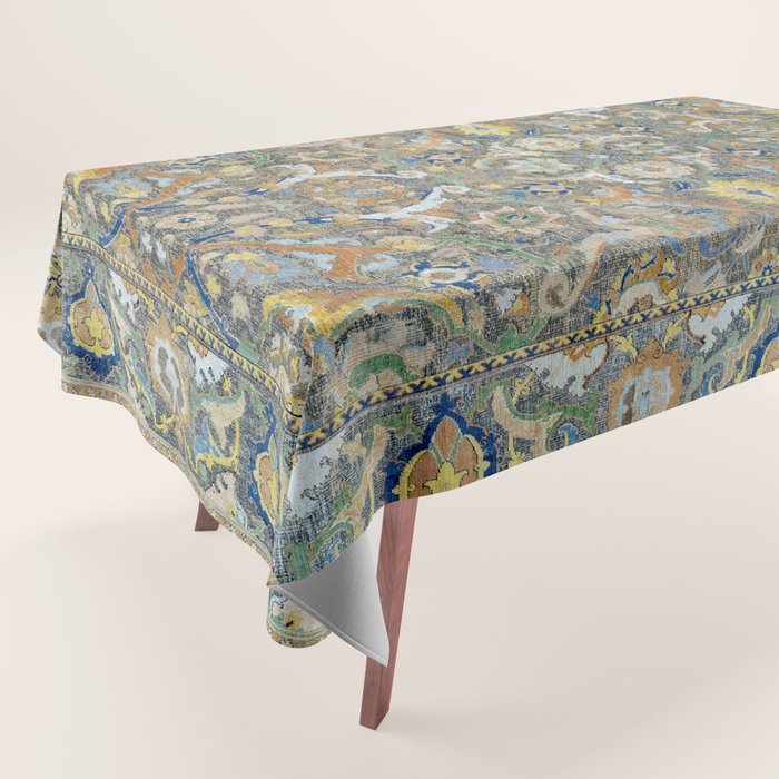 Antique 17th Century Safavid Polonaise Golden Blue Persian Carpet Tablecloth Gallery Image 1