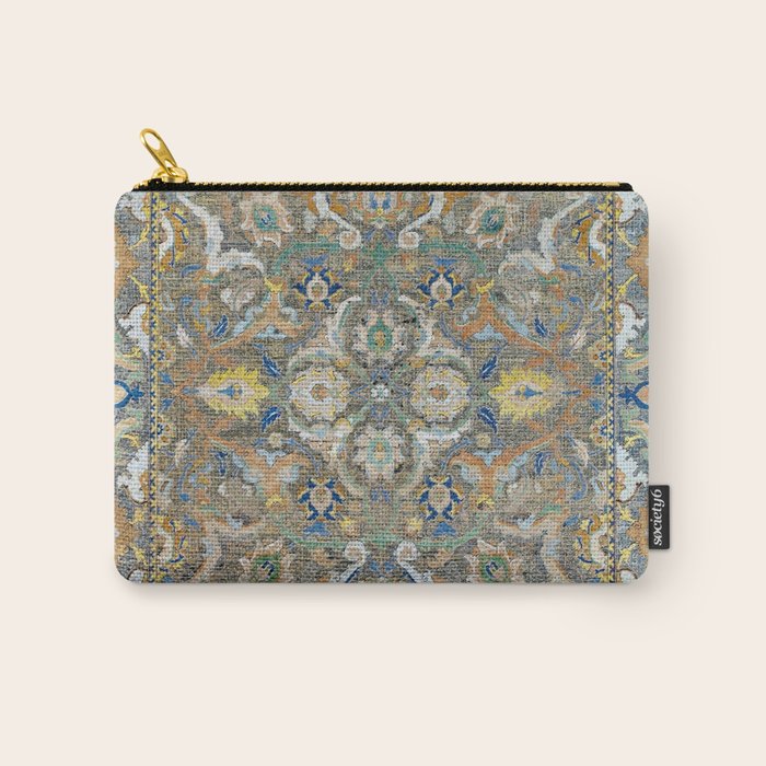 Antique 17th Century Safavid Polonaise Golden Blue Persian Carpet Carry All Pouch Gallery Image 1