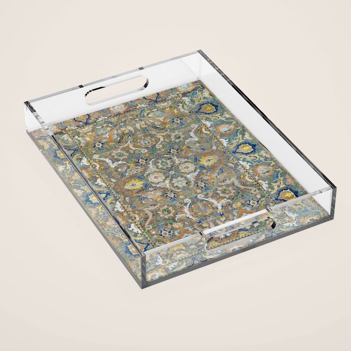 Antique 17th Century Safavid Polonaise Golden Blue Persian Carpet Acrylic Tray Gallery Image 1
