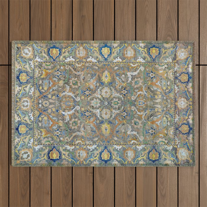 Antique 17th Century Safavid Polonaise Golden Blue Persian Carpet Outdoor Rug Gallery Image 1