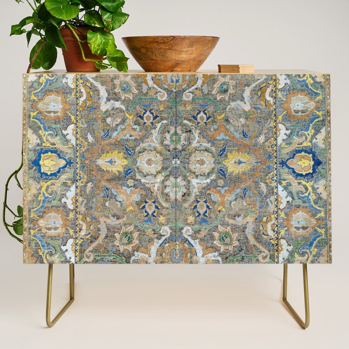 Antique 17th Century Safavid Polonaise Golden Blue Persian Carpet Credenza Gallery Image 1