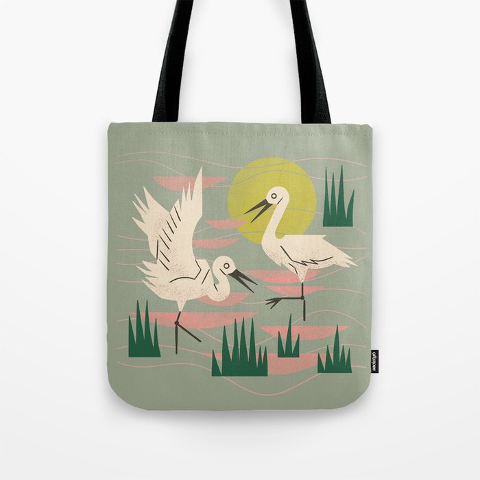 Cranes Wading At Sunset (Sage) Tote Bag Gallery Image 1