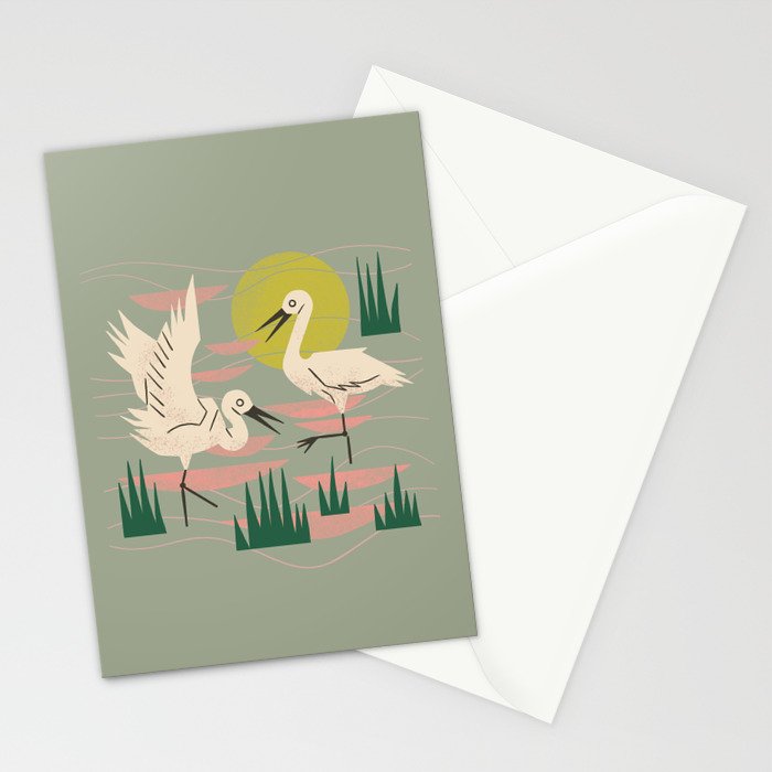 Cranes Wading At Sunset (Sage) Stationery Card Gallery Image 2