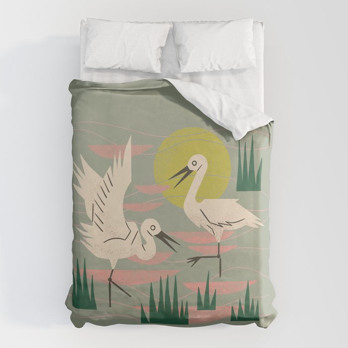 Cranes Wading At Sunset (Sage) Duvet Cover Gallery Image 6