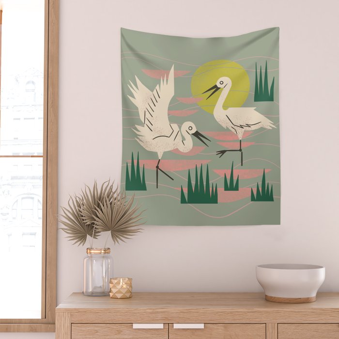 Cranes Wading At Sunset (Sage) Wall Tapestry Gallery Image 2