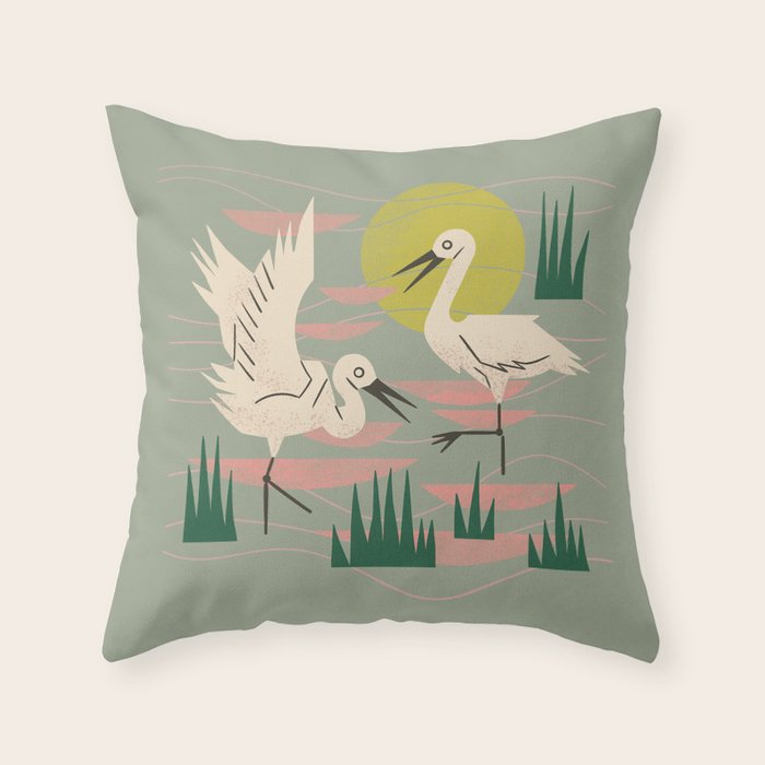 Cranes Wading At Sunset (Sage) Throw Pillow Gallery Image 6