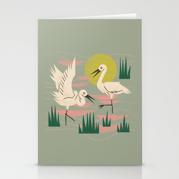 Cranes Wading At Sunset (Sage) Stationery Card Gallery Image 1