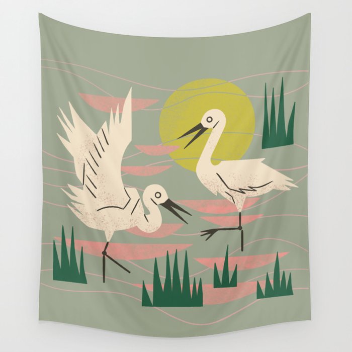 Cranes Wading At Sunset (Sage) Wall Tapestry Gallery Image 1