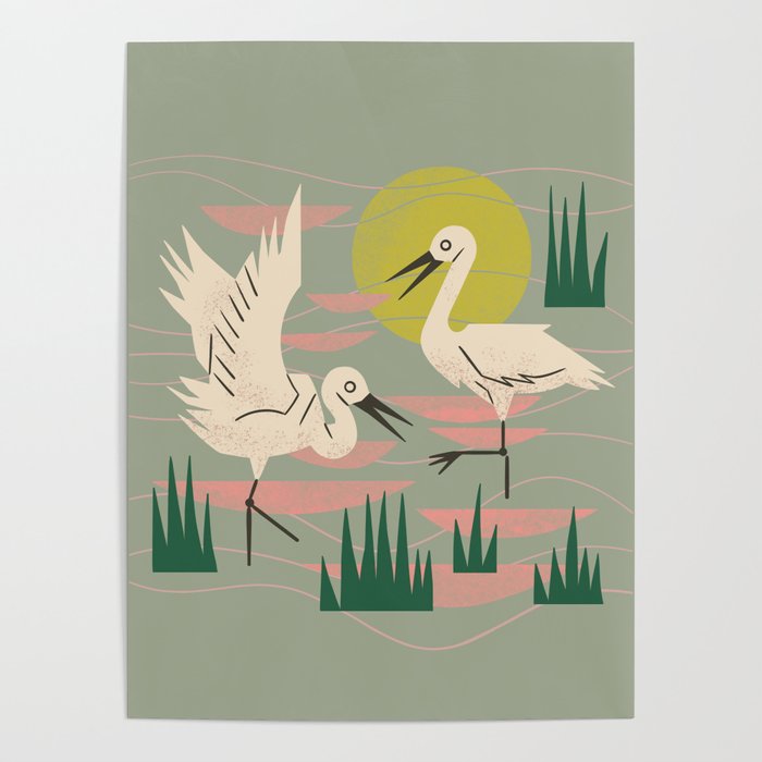 Cranes Wading At Sunset (Sage) Poster Gallery Image 1