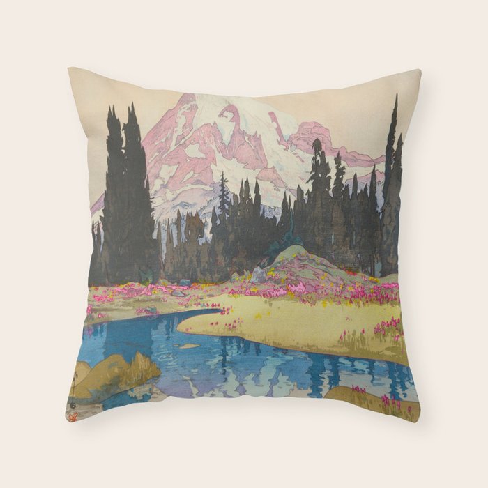 Mount Rainier Vintage Beautiful Japanese Woodblock Print Hiroshi Yoshida Throw Pillow Gallery Image 6