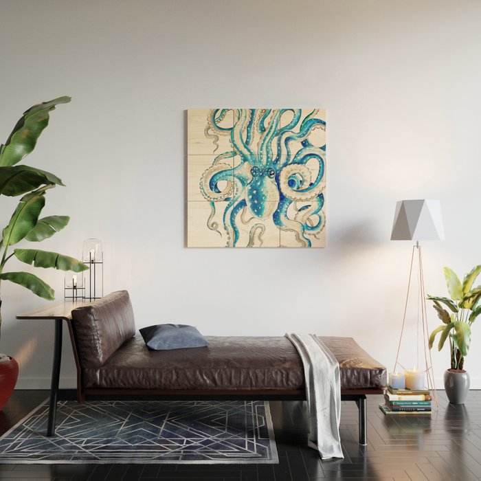 Blue Octopus Crosshatch Watercolor Comic Wood Wall Art Gallery Image 2