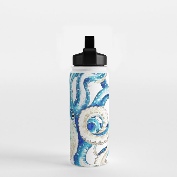 Blue Octopus Crosshatch Watercolor Comic Water Bottle Gallery Image 2