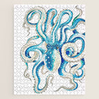 Blue Octopus Crosshatch Watercolor Comic Jigsaw Puzzle Gallery Image 1