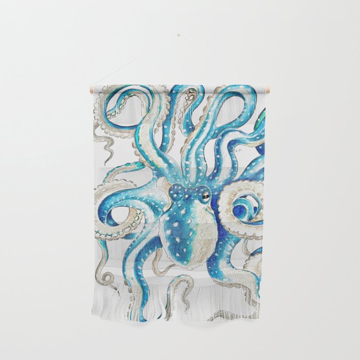 Blue Octopus Crosshatch Watercolor Comic Wall Hanging Gallery Image 1