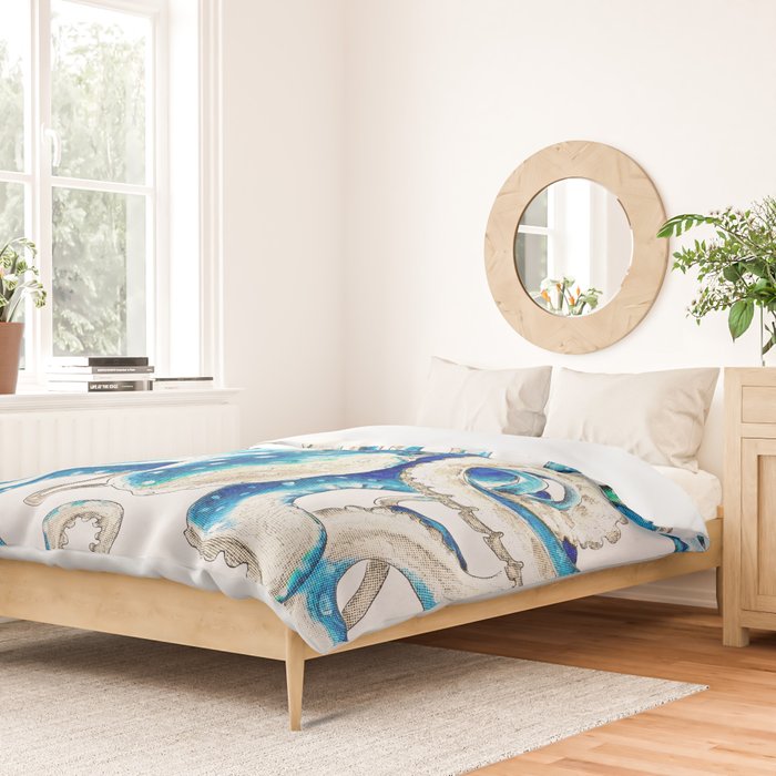 Blue Octopus Crosshatch Watercolor Comic Duvet Cover Gallery Image 2