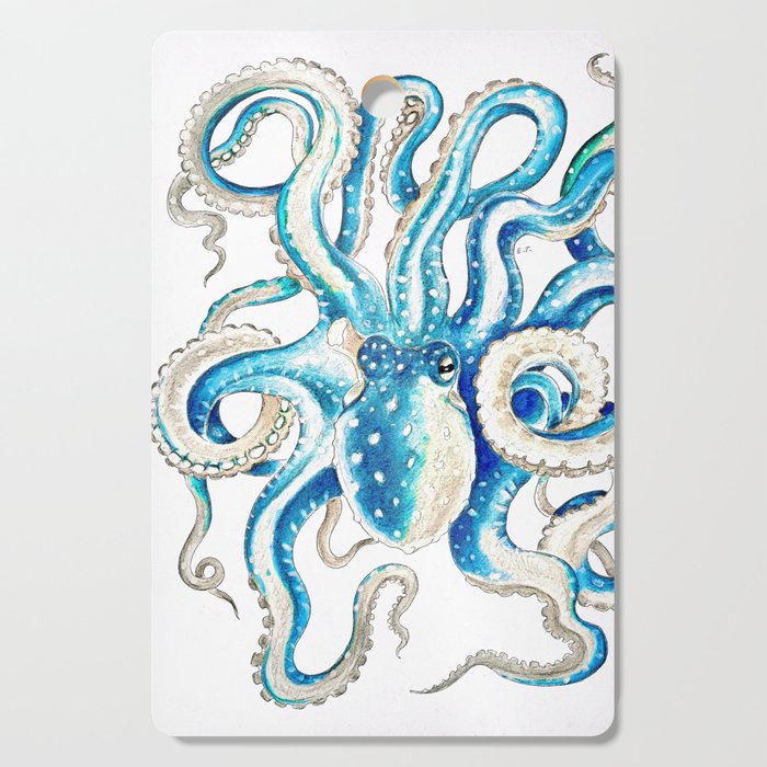 Blue Octopus Crosshatch Watercolor Comic Cutting Board Gallery Image 1
